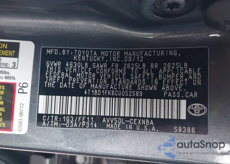 2012 Toyota Camry Hybrid Le from USA, damaged, VIN 4T1BD1FK6CU052589